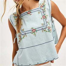 Load image into Gallery viewer, Embroidery Flower Tank Tops for Women Y2K Sleeveless Square Neck Button Front Free Tie Up Cropped Vest Summer Chic Streetwear