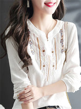 Load image into Gallery viewer, Women Spring Autumn White Blouses Tops Lady Casual Embroidery V-Neck Long Sleeve Vintage Loose Blusas Top DF4272