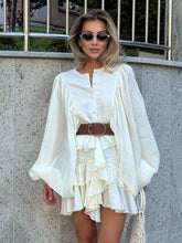 Load image into Gallery viewer, Irregular Ruffled Edge Buttons Lantern Sleeve Dress Women Chic Pleated Chiffon O Neck Mini Gowns Lady High Street Vestidos 2025