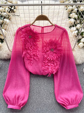 Load image into Gallery viewer, Spring Loose Satin Blouse Women O Neck Long Sleeves Sheer Bohemian Top 2024 Transparent 3D Floral Casual Shirt