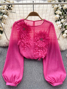 Spring Loose Satin Blouse Women O Neck Long Sleeves Sheer Bohemian Top 2024 Transparent 3D Floral Casual Shirt
