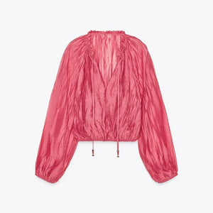 Loose Lace Up Ruched Skirts Sets Women V-neck Lantern Sleeve Blouses Ruffles High Waist A-line Skirt 2025 Summer Lady Outfits