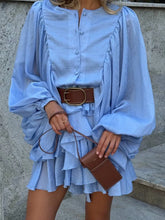 Load image into Gallery viewer, Irregular Ruffled Edge Buttons Lantern Sleeve Dress Women Chic Pleated Chiffon O Neck Mini Gowns Lady High Street Vestidos 2025