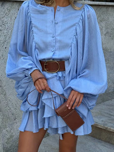 Irregular Ruffled Edge Buttons Lantern Sleeve Dress Women Chic Pleated Chiffon O Neck Mini Gowns Lady High Street Vestidos 2025