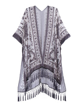 Load image into Gallery viewer, WeHello Bohemian burnt plush kimono Women&#39;s long Purple Tassel Beach Cover-up  Holiday Casual Cardigan Shawl JYPF-20