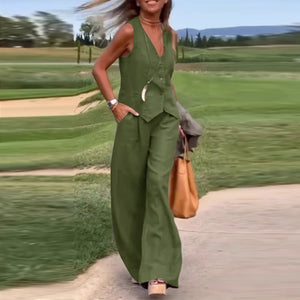Woman Elegant 2-Piece Pant Sets Casual Vest and Pants Sets Old Money Style Suits 2pcs Outfits Wide Leg Trouser Sets