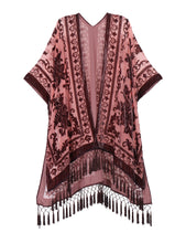 Load image into Gallery viewer, WeHello Bohemian burnt plush kimono Women&#39;s long Purple Tassel Beach Cover-up  Holiday Casual Cardigan Shawl JYPF-20