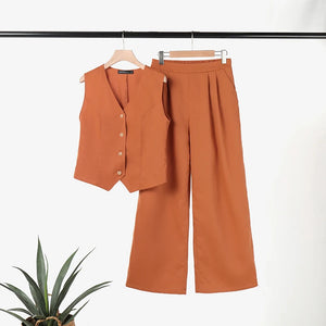 Woman Elegant 2-Piece Pant Sets Casual Vest and Pants Sets Old Money Style Suits 2pcs Outfits Wide Leg Trouser Sets