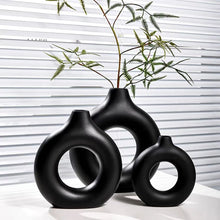 Load image into Gallery viewer, 1pcs Black Nordic Ceramic Vase Circular Hollow Donuts Flower Pot Home Decoration Accessories Interior Office Desktop Decor Gift