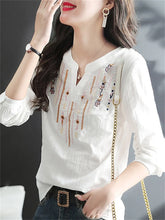 Load image into Gallery viewer, Women Spring Autumn White Blouses Tops Lady Casual Embroidery V-Neck Long Sleeve Vintage Loose Blusas Top DF4272