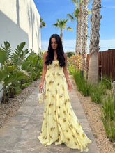 Load image into Gallery viewer, Yellow Print V Neck Sling Maxi Dresses Elegant Sleeveless Backless High Waist Pleated Long Dress Lady New Summer Commute Robes