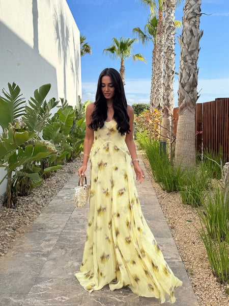 Yellow Print V Neck Sling Maxi Dresses Elegant Sleeveless Backless High Waist Pleated Long Dress Lady New Summer Commute Robes