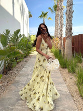 Load image into Gallery viewer, Yellow Print V Neck Sling Maxi Dresses Elegant Sleeveless Backless High Waist Pleated Long Dress Lady New Summer Commute Robes