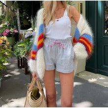 Load image into Gallery viewer, 2024 New Autumn Women Mohair Stripe Cardigan Fashion Contrast Open Stitch Long Sleeve Sweater High Street Female Street Knitwear