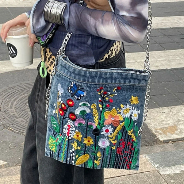 Embroidered Flowers Women Cowboy Shoulder Bag Fashion Chain Ladies Messenger Bags Denim Handbag Personality Trend Student Bag