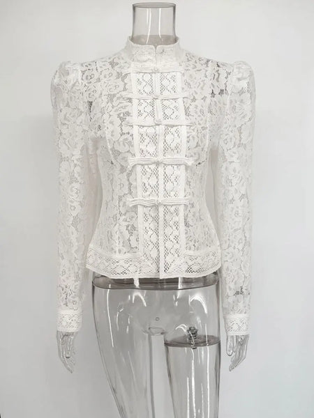 Tossy Summer Lace Printed Shirts Tops Female Hollow Out Fashion Commute Vintage See-Through Blouse Women's Lace Shrug Shirts New