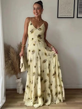Load image into Gallery viewer, Yellow Print V Neck Sling Maxi Dresses Elegant Sleeveless Backless High Waist Pleated Long Dress Lady New Summer Commute Robes