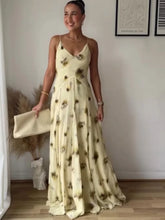 Load image into Gallery viewer, Yellow Print V Neck Sling Maxi Dresses Elegant Sleeveless Backless High Waist Pleated Long Dress Lady New Summer Commute Robes