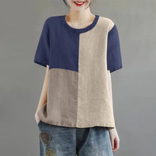 Load image into Gallery viewer, Women Patchwork Blouse 2024 Summer Short Sleeve Tunics Fashion Round Neck Shirts Casual Loose Holiday Cotton Linen Tops