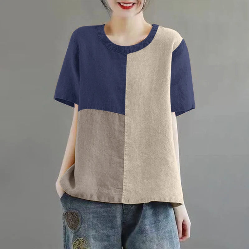 Women Patchwork Blouse 2024 Summer Short Sleeve Tunics Fashion Round Neck Shirts Casual Loose Holiday Cotton Linen Tops