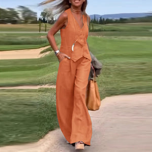 Woman Elegant 2-Piece Pant Sets Casual Vest and Pants Sets Old Money Style Suits 2pcs Outfits Wide Leg Trouser Sets
