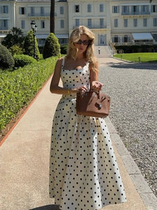 2025 Polka Dot Maxi Dresses Women Elegant Square Neck Lotus Hem Long Gowns Chic Lady Sleeveless High Waist Cinched Summer Robes