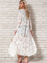 Load image into Gallery viewer, Fitshinling Bohemian White Beach Cover-Up Swimwear Sarong Embroidery Lace Kimono Sexy Transparent Long Cardigan Saida de Praia