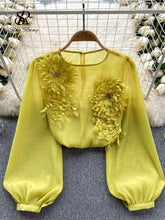 Load image into Gallery viewer, Spring Loose Satin Blouse Women O Neck Long Sleeves Sheer Bohemian Top 2024 Transparent 3D Floral Casual Shirt