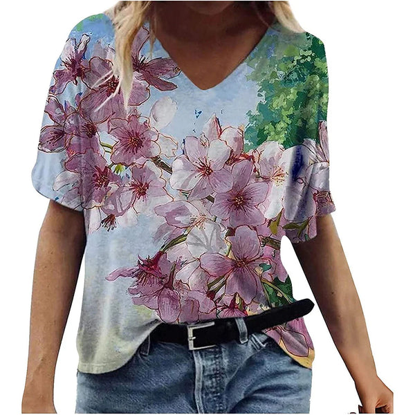 Women's T-shirts Summer Gradient Graphics Tops V Neck Fashion Female Vintage Clothing Floral Print Tees Loose Oversized T Shirts