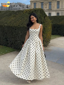 2025 Polka Dot Maxi Dresses Women Elegant Square Neck Lotus Hem Long Gowns Chic Lady Sleeveless High Waist Cinched Summer Robes
