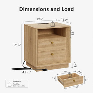 Nightstand Charging Station, Mid Century Modern Nightstand Wood Grain Texture, Boho End Table  Drawers Storage