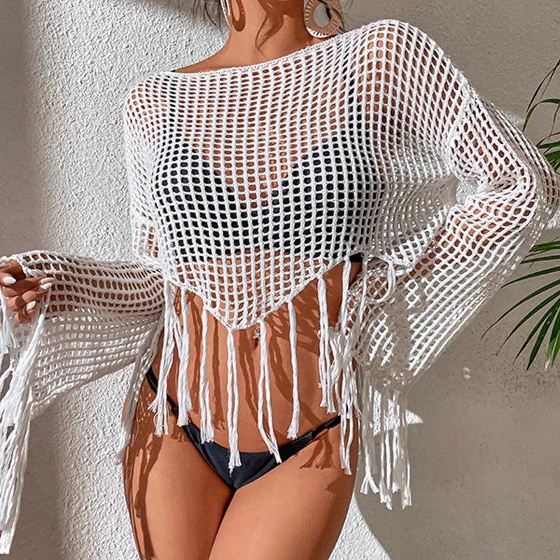 See Through Hollow Out Bikini Cover Ups Tops Women Beachwear Flared Long Sleeve Tassel Smock Crop Tops Swimsuit Cover-Up