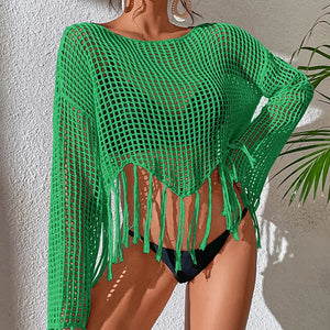 See Through Hollow Out Bikini Cover Ups Tops Women Beachwear Flared Long Sleeve Tassel Smock Crop Tops Swimsuit Cover-Up