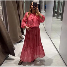 Load image into Gallery viewer, Loose Lace Up Ruched Skirts Sets Women V-neck Lantern Sleeve Blouses Ruffles High Waist A-line Skirt 2025 Summer Lady Outfits