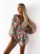 Load image into Gallery viewer, Sexy Deep V Neck Jumpsuit For Women Summer Casual Boho Beach Vacation Outfit Fashion Print Lantern Sleeve Rompers Shorts Women&#39;s