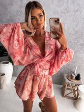 Load image into Gallery viewer, Sexy Deep V Neck Jumpsuit For Women Summer Casual Boho Beach Vacation Outfit Fashion Print Lantern Sleeve Rompers Shorts Women&#39;s