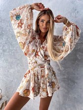 Load image into Gallery viewer, Sexy Deep V Neck Jumpsuit For Women Summer Casual Boho Beach Vacation Outfit Fashion Print Lantern Sleeve Rompers Shorts Women&#39;s