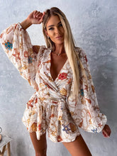 Load image into Gallery viewer, Sexy Deep V Neck Jumpsuit For Women Summer Casual Boho Beach Vacation Outfit Fashion Print Lantern Sleeve Rompers Shorts Women&#39;s