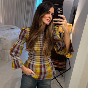 Elegant Plaid Printed Puff Sleeves Shirts Women Leisure Ruffle Hem O Neck Short Top 2025 Spring Female Loose High Street Tops