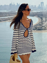 Load image into Gallery viewer, Sexy Boho Striped Chic V-neck Cut Out Bell Sleeve Knit Beach Mini Dress 2025 Summer Women Seaside Holiday Swimsuit Cover Up K123