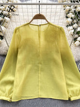Load image into Gallery viewer, Spring Loose Satin Blouse Women O Neck Long Sleeves Sheer Bohemian Top 2024 Transparent 3D Floral Casual Shirt