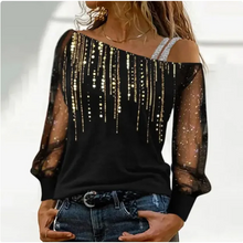 Load image into Gallery viewer, Silver Shoulder Strap Transparent Sleeves Sequins Blouse Women&#39;s Sexy T-shirt Christmas Tree Printed Long Sleeved Top