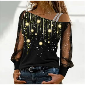 Silver Shoulder Strap Transparent Sleeves Sequins Blouse Women's Sexy T-shirt Christmas Tree Printed Long Sleeved Top