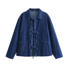 Load image into Gallery viewer, Women Fashion Lapel Collar Lace Up Blouses Female Casual Long Sleeves With Pockets Solid Denim Outerwear