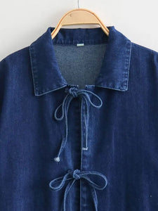 Women Fashion Lapel Collar Lace Up Blouses Female Casual Long Sleeves With Pockets Solid Denim Outerwear