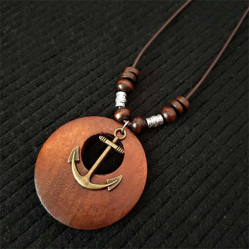 Vintage Wooden Owl Leaf Pendant Necklaces Boho Ethnic Style Metal Hollow leaves Necklaces Long Wax Rope Chain For Women Gifts