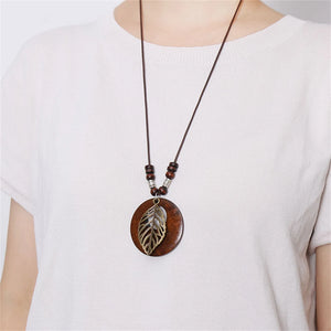 Vintage Wooden Owl Leaf Pendant Necklaces Boho Ethnic Style Metal Hollow leaves Necklaces Long Wax Rope Chain For Women Gifts
