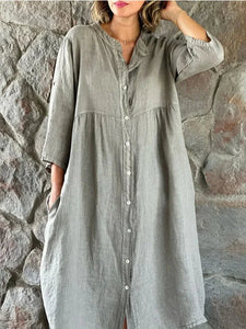 Women Causal Cotton Linen Dress Fashion Loose Button Up Long Sleeve Shirt Dresses Vintage Solid Beach Party Midi Dress Robe