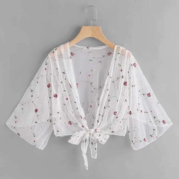 Women Mesh Sheer Cover Ups Shirts Tops Floral Embroidery Long Sleeve See-through Cardigan Blouse Beach Boho Shawl Bathing Suit