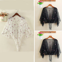 Load image into Gallery viewer, Women Mesh Sheer Cover Ups Shirts Tops Floral Embroidery Long Sleeve See-through Cardigan Blouse Beach Boho Shawl Bathing Suit